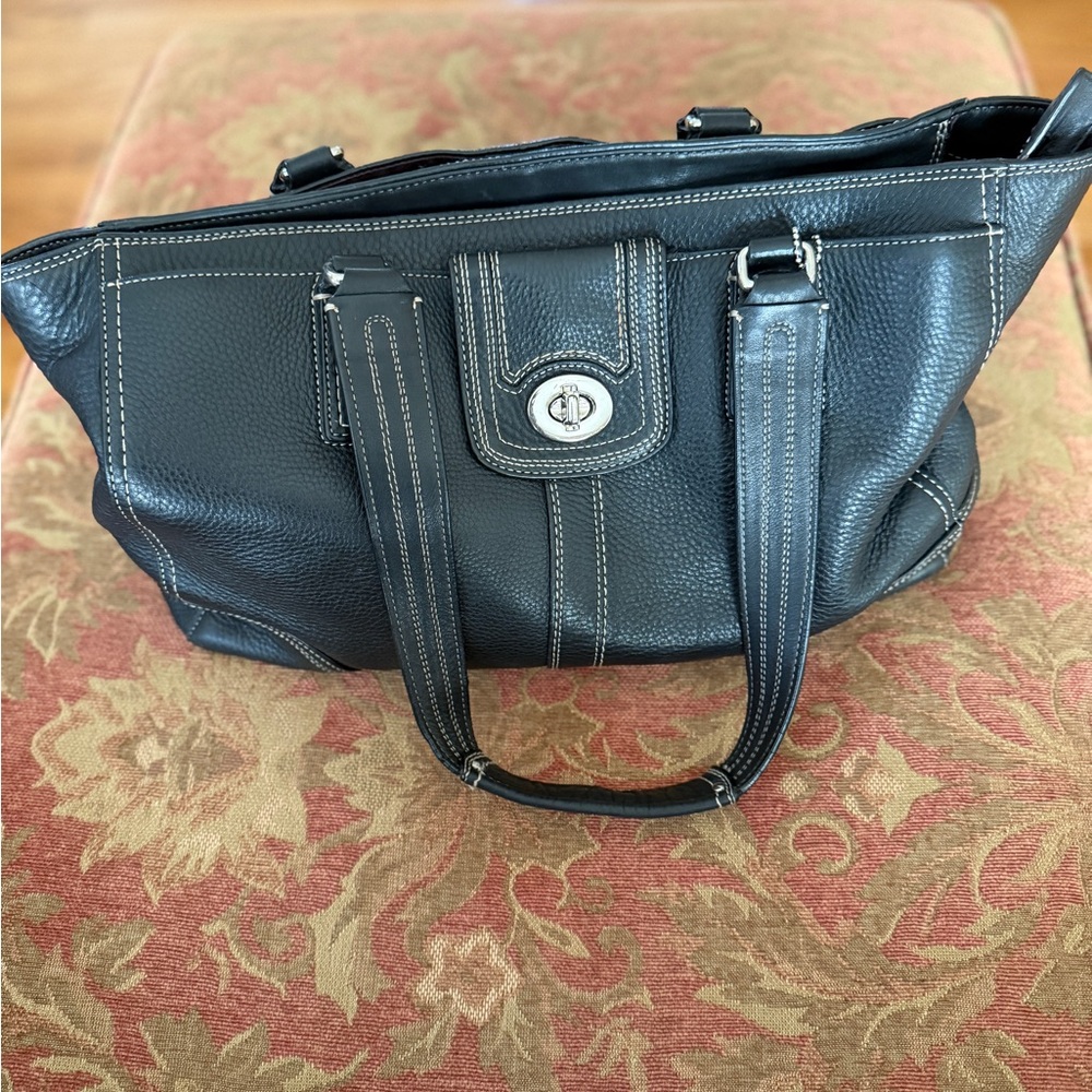 Vintage Coach Black Leather Tote with Silver Hardware